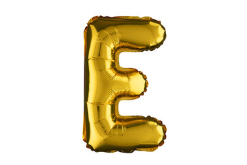 Helium gold balloon letter E isolated on white.