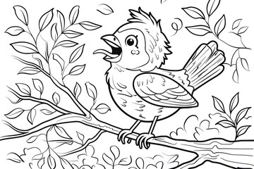 Coloring page outline of cartoon smiling cute little singing bird.