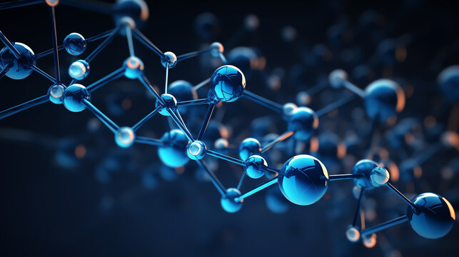 3D model of a blue molecule structure on a dark background, intricate bonds and atoms highlighted