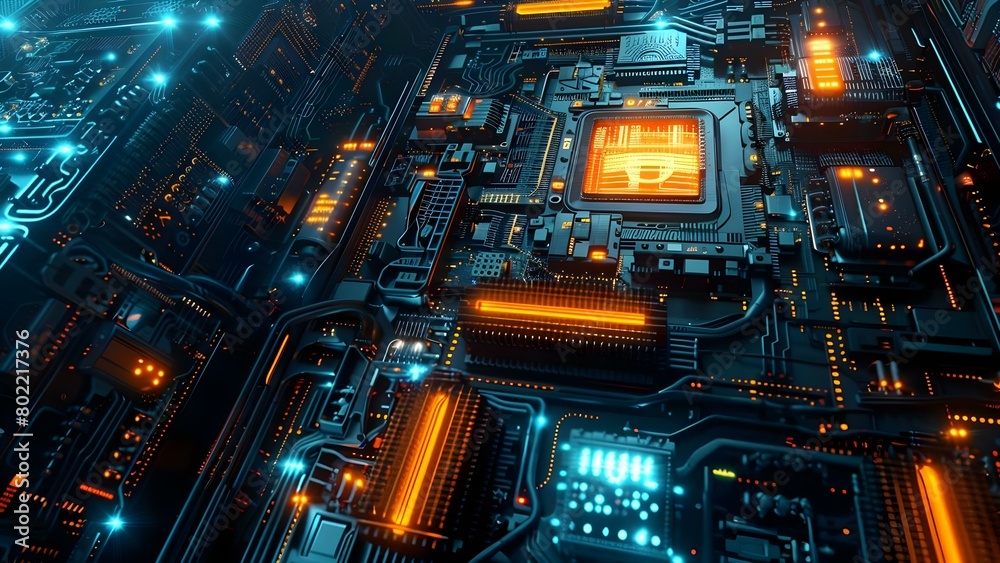 Poster exploring the intricate details of a high-tech supercomputer with dramatic lighting and complex circ