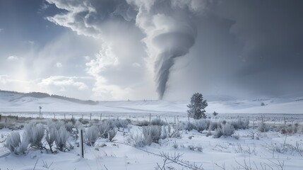 Dramatic Snow Laden Tornado Twisting Through Icy Wilderness Landscape