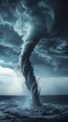 Towering Waterspout Surging from Turbulent Seas under Ominous Stormy Skies - obrazy, fototapety, plakaty