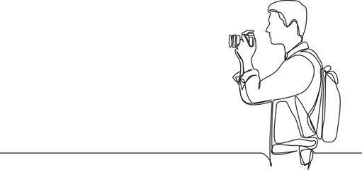 continuous single line drawing of man holding DSLR camera, line art vector illustration