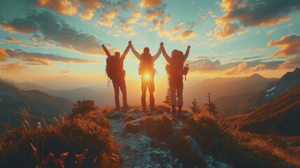 Three people raising their hands on the top of the mountain, overcoming obstacles together, celebrating success and achievements, climbers, bravery, mountain top, unity, friendship, 4k wallpaper,