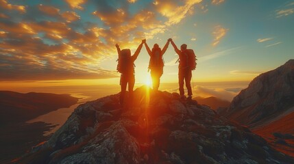 Three people raising their hands on the top of the mountain, overcoming obstacles together, celebrating success and achievements, climbers, bravery, mountain top, unity, friendship, 4k wallpaper,