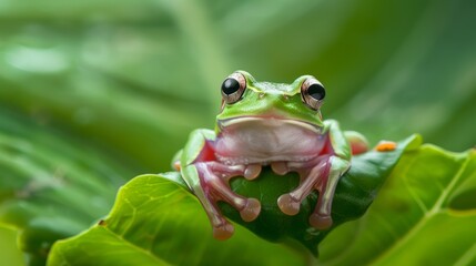 Obraz premium A frog on a green leaf.