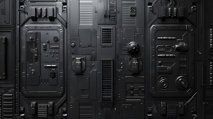Dark grey sci-fi wall texture, with rectangular panels and different shapes of futuristic technology elements, in the style of sci-fi game concept art