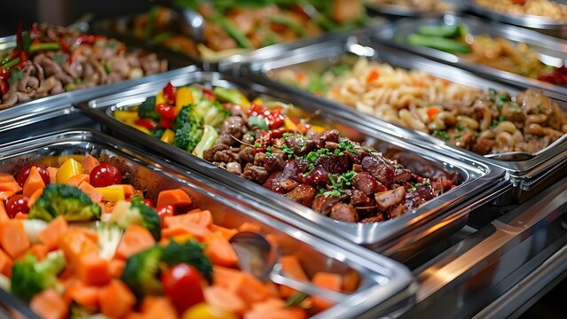 Delicious and Diverse Catering Buffet Featuring Vibrant Meat and Vegetable Dishes. Concept Catering, Buffet, Meat Dishes, Vegetable Dishes, Vibrant Flavors