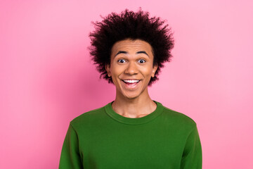 Photo of happy positive man look impressed in camera isolated pastel color background