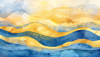 Watercolor blue-yellow hand drawn background gradient, indigo aquarelle abstract wash drawing blots