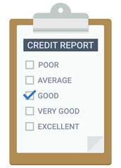 Clipboard with a page of a credit report with check box checked on good in a flat design style (cut out)