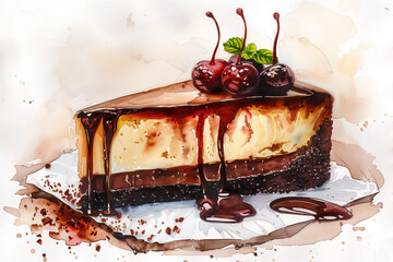 watercolor chocolate cheesecake, white background, Generative AI