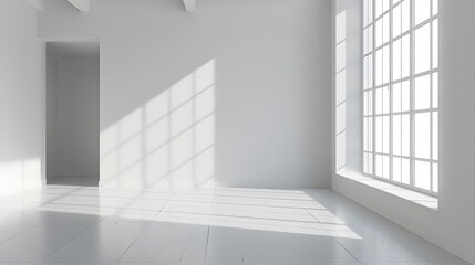 3D rendering of an empty room with white walls and a wooden floor. There is a window on the right side , and sunlight is coming in through it. 