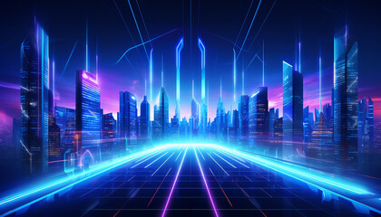 Futuristic cityscape vector illustration, urban architecture with glowing neon effects, space elements, hightech background concept