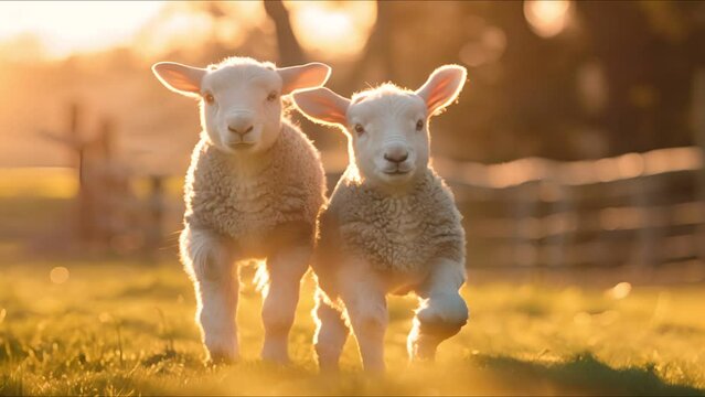 Baby lambs frolicking in a meadow, capturing the joy of spring on a farm