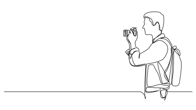animated continuous single line drawing of man holding DSLR camera, line art animation