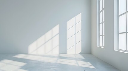 3D rendering of an empty room with white walls and a wooden floor. There is a window on the right side , and sunlight is coming in through it. 