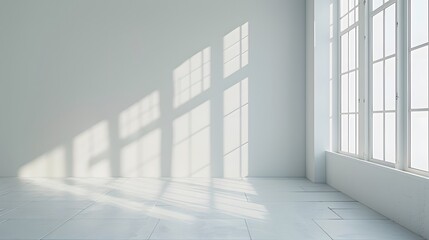 3D rendering of an empty room with white walls and a wooden floor. There is a window on the right side , and sunlight is coming in through it. 