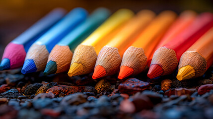 Colorful pencils on a dark background. Selective focus.
