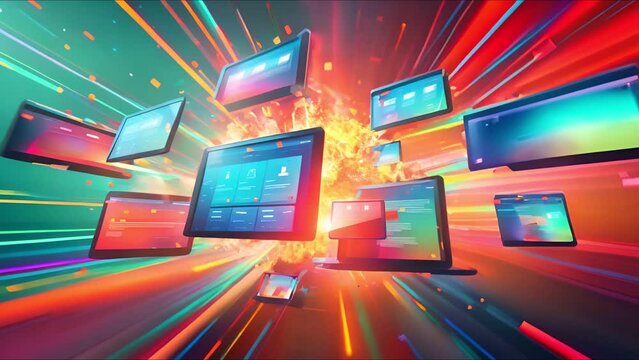 Visual explosion of progressive web app screens from laptop to mobile, showcasing adaptability