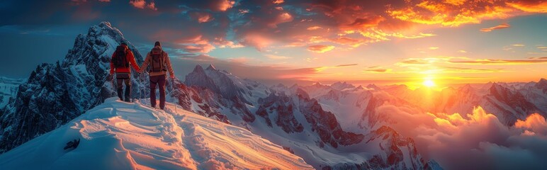 Panoramic view of people holding hands and helping each other to reach the top of the mountain in spectacular mountain sunset landscape, team of people forming ladder shape overcome obstacles together