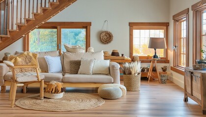 Farmhouse home interior design of modern living room with wooden staircase.