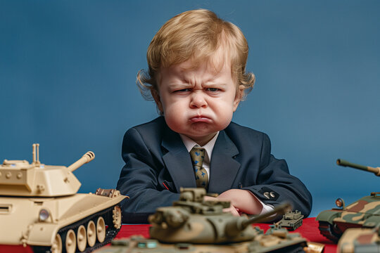 A disgruntled baby in a business suit, carrying toy tanks