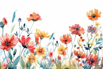Bright and Vibrant Watercolor Painting of Colorful Flowers on a White Background with Copy Space