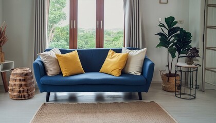 Minimalist interior design of modern living room, home. Blue sofa with yellow pillows near window.
