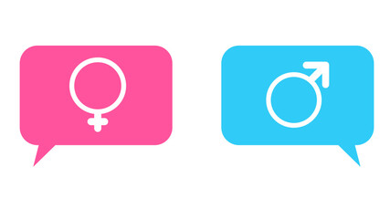 Male and female gender symbols in pink and blue speech bubbles - stock vector svg