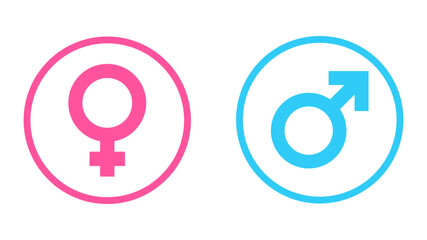 Male and female gender symbols in pink and blue inside circles - stock vector svg