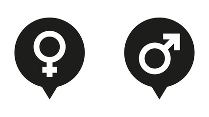 Black male and female gender symbols in map marker shapes - stock vector svg