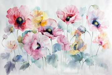 Watercolor painting of vibrant poppies and delicate blue and pink flowers on a clean white background