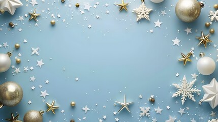 Fototapeta premium Merry Christmas and Happy Holidays card template with mockup space. Flyer or paper design featuring light blue background, white snowflakes, gold stars, and festive decorations.