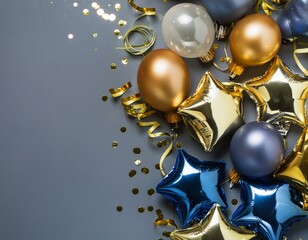 Holiday background with golden and blue metallic balloons, confetti and ribbons. Festive card for birthday party, anniversary, new year, christmas or other events