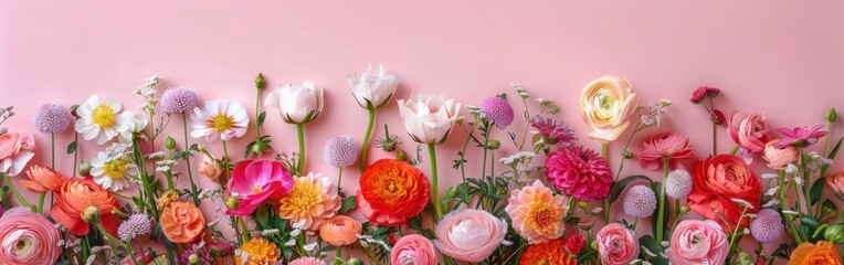 Festive Spring Floral Composition with Colorful Fresh Flowers on Pastel Background - Perfect for Greeting Cards and Invitations