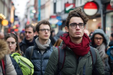 Handsome young man with long curly hair, wearing glasses and a red scarf, standing in front of a...