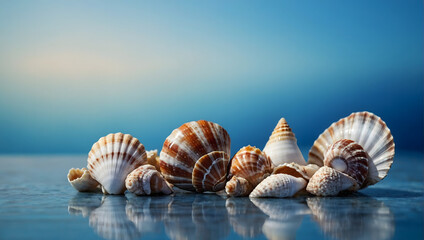 a captivating display of seashells against a serene blue background, viewed from above.