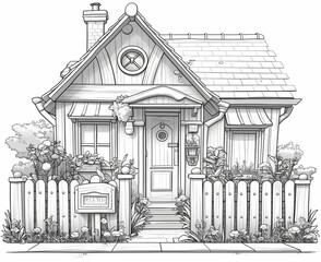 Black and white illustration for coloring house, building.