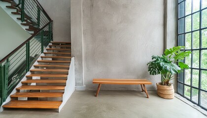 Loft interior design of modern entrance hall with staircase and rustic wooden bench near concrete wall with copy space.