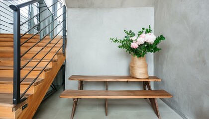 Loft interior design of modern entrance hall with staircase and rustic wooden bench near concrete wall with copy space.