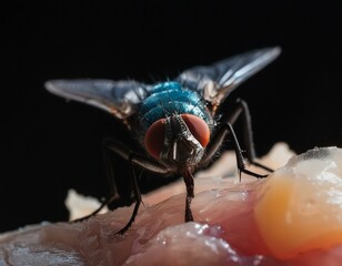 Fototapeta premium Close-up of Fly on Meat: Food Contamination Concep