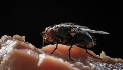 Close-up of Fly on Meat: Food Contamination Concep