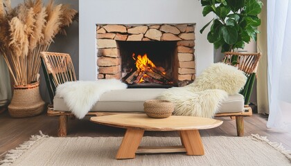 Boho interior design of modern living room, home. Sofa with fur plaid and wooden round rustic coffee table against fireplace.