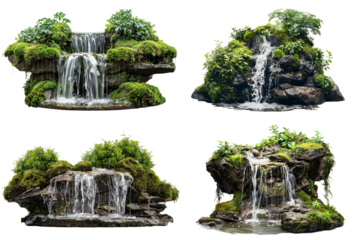 Waterfall in a Mossy Forest, Isolated on Background