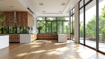A spacious, sleek kitchen connected to an open concept living space, featuring minimalist modern interior design with clean lines, furniture, and a neutral color palette, all bathed in natural light.