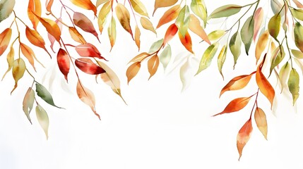 Elegant Watercolor Willow Leaves in Autumn Tones Against White Backdrop