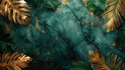 Shiny Gold and Dark Green Marble Wallpaper with Tropical Leaves - Luxury Seamless Texture for Backgrounds and Wall Art