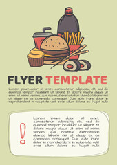 Illustration with fast food products for advertising a cafe, restaurant. Editable template for flyer, poster, booklet