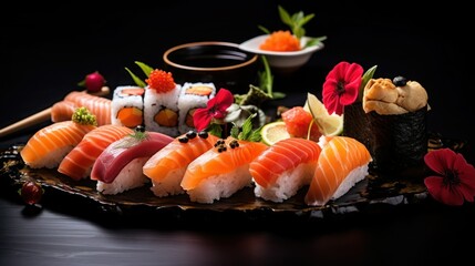 Japanese traditional Nigiri and sushi set with soy sauce on black wooden board decorated with flowers.